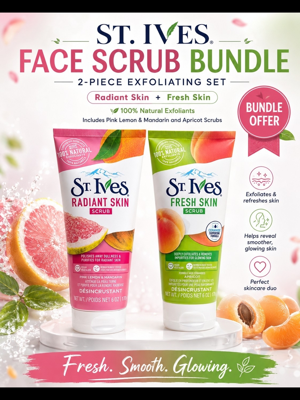 2 Pc Bundle - St. Ives Face Scrub Bundle - Radiant (Pink) + Fresh (Green)
